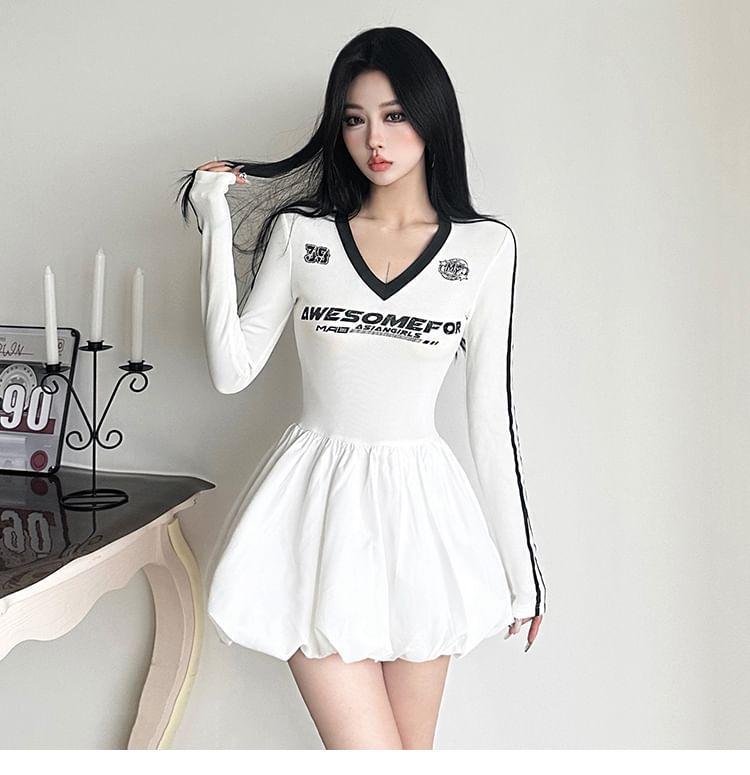 Long-Sleeve V-Neck Lettering Striped Mini A-Line Dress Product Image