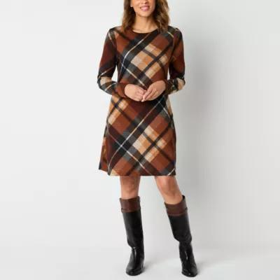 R & K Originals Womens Long Sleeve Plaid Shift Dress Product Image