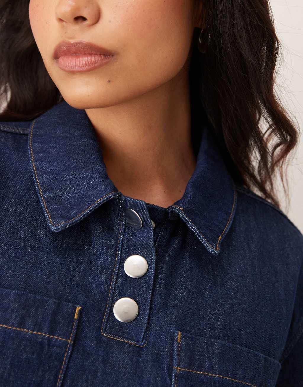 ASOS DESIGN denim crop henley top in indigo Product Image