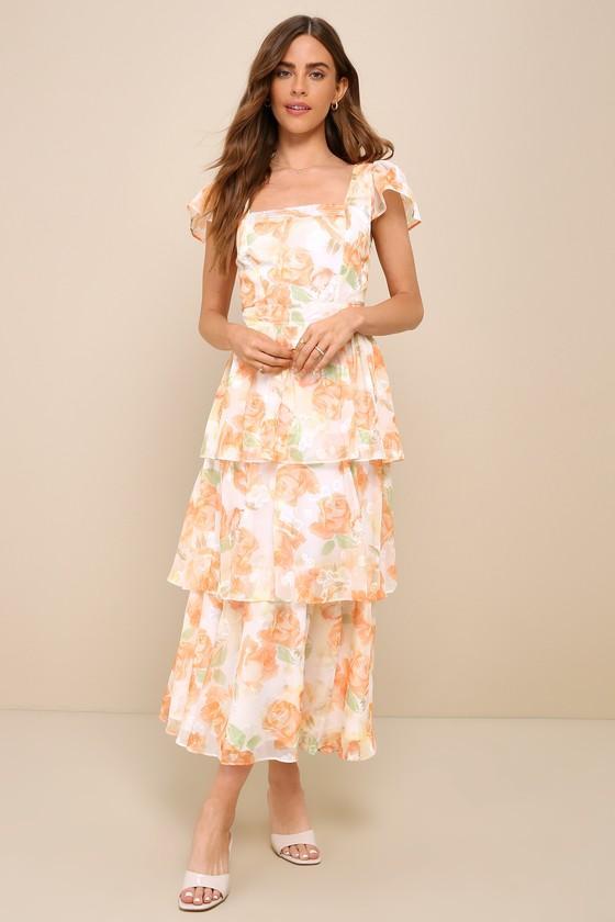 Beyond Beauty White and Orange Floral Burnout Tiered Midi Dress Product Image