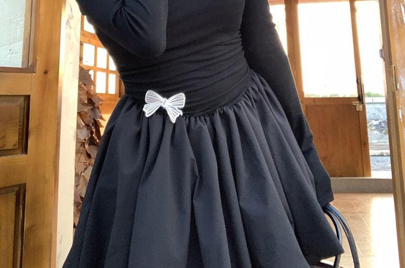 Long-Sleeve Off-Shoulder Bow Applique Mini A-Line Dress Product Image