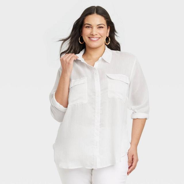 Womens Long Sleeve Chiffon Button-Down Shirt - Ava & Viv White XXL Product Image