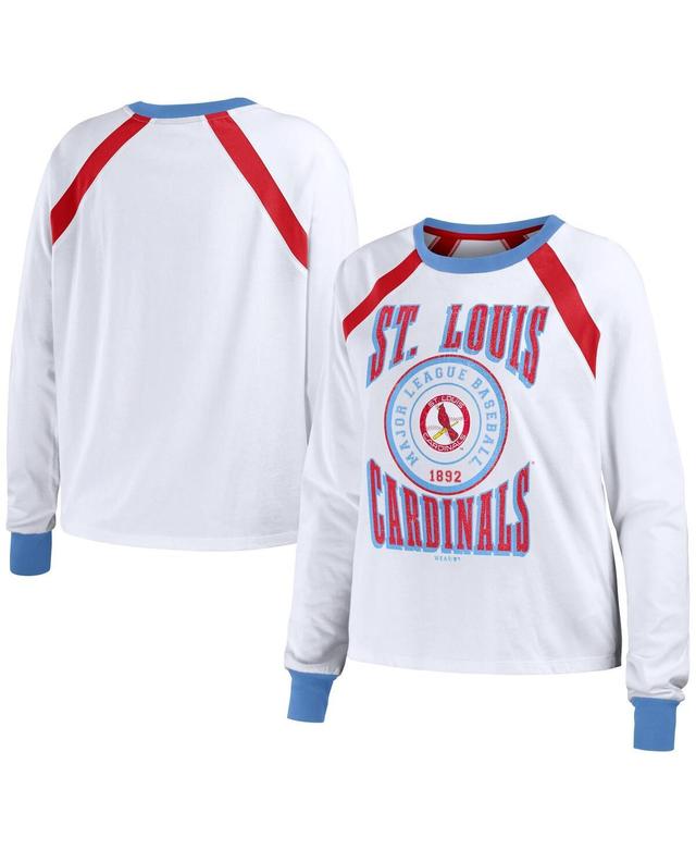 Womens Wear by Erin Andrews White Distressed St. Louis Cardinals Raglan Long Sleeve T-shirt Product Image