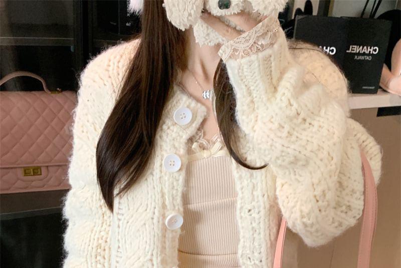 Round Neck Plain Cable Knit Button-Up Crop Cardigan / Long-Sleeve V-Neck Lace Panel Bow Accent Top Product Image