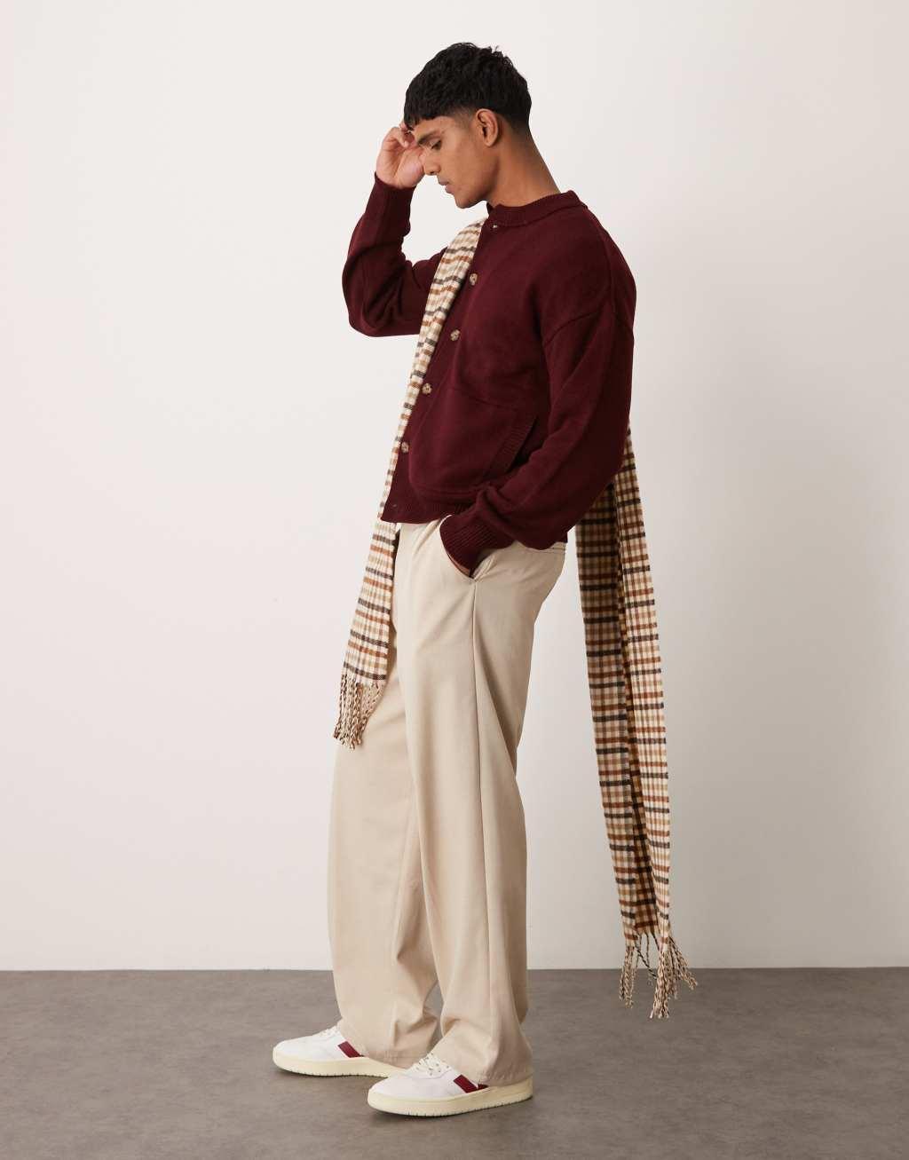 ASOS DESIGN relaxed boxy fit knitted bomber cardigan in burgundy Product Image