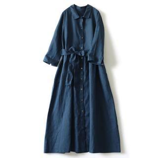 3/4 Sleeve Collared Button Down Belted Linen Maxi Dress Product Image