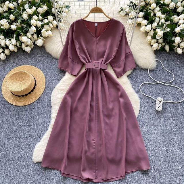 Short-Sleeve V-Neck Plain Midi A-Line Dress Product Image