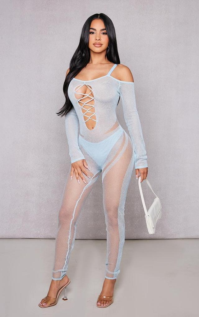 Petite Light Blue Knitted Sheer Jumpsuit Product Image