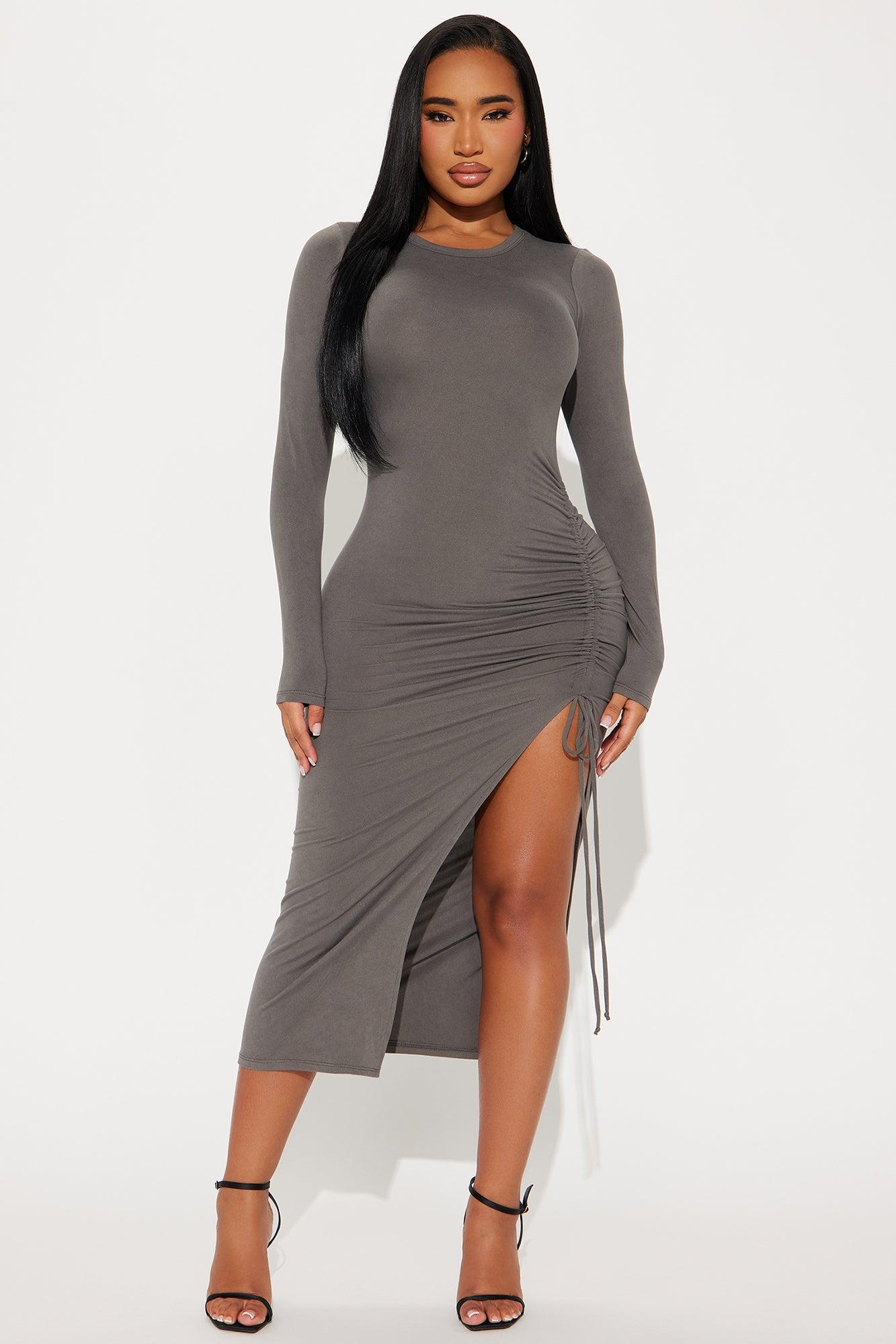 Dani Long Sleeve Ruched Midi Dress - Grey Product Image