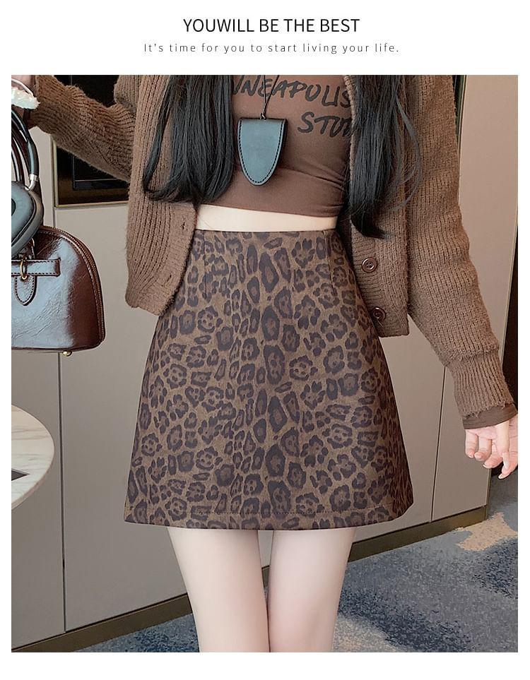 High Waist Leopard Print Mini A-Line Skirt Product Image