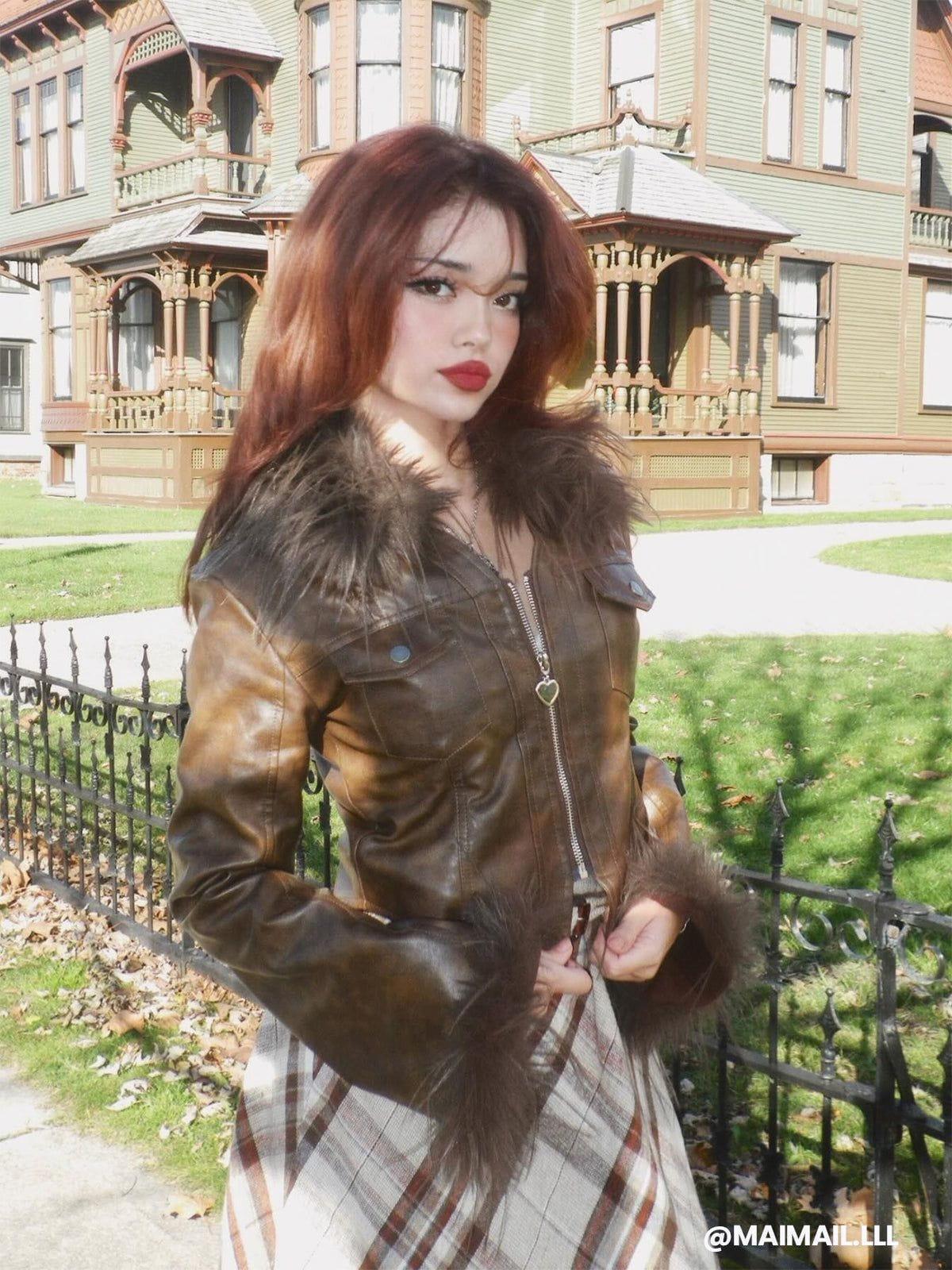 Aelfric Eden Vintage Furry Paneled Faux Leather Jacket Female Product Image