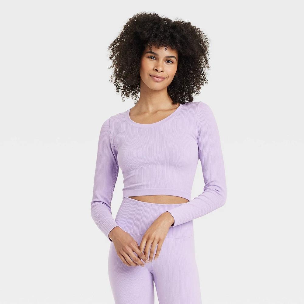 Womens Seamless Ribbed Cropped Long Sleeve Top - All In Motion Purple XS Product Image