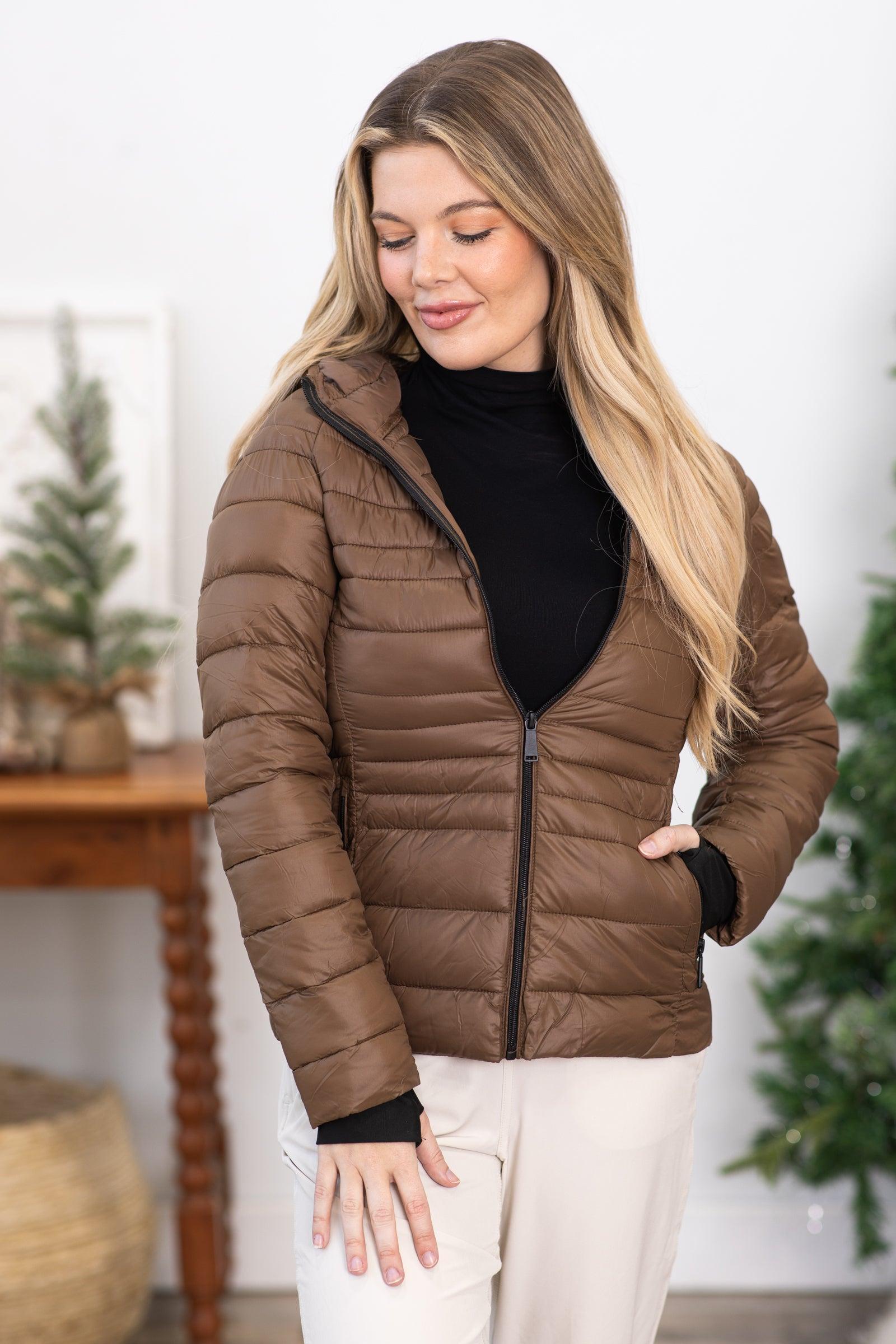 Brown Hooded Puffer Jacket With Thumbholes Product Image