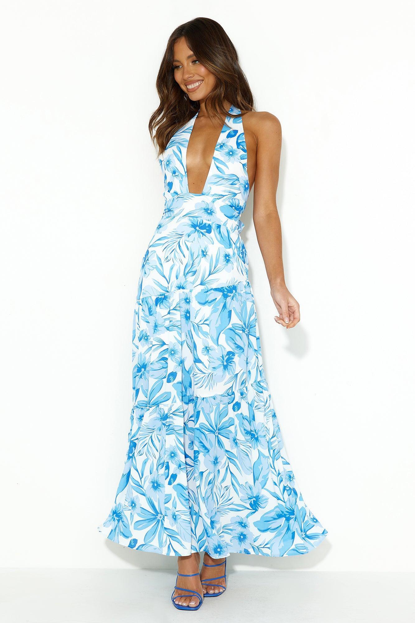 Tropical Island Halter Maxi Dress Blue Product Image