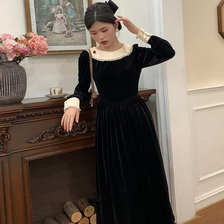 Long-Sleeve Collar Two Tone Velvet Midi A-Line Dress Product Image