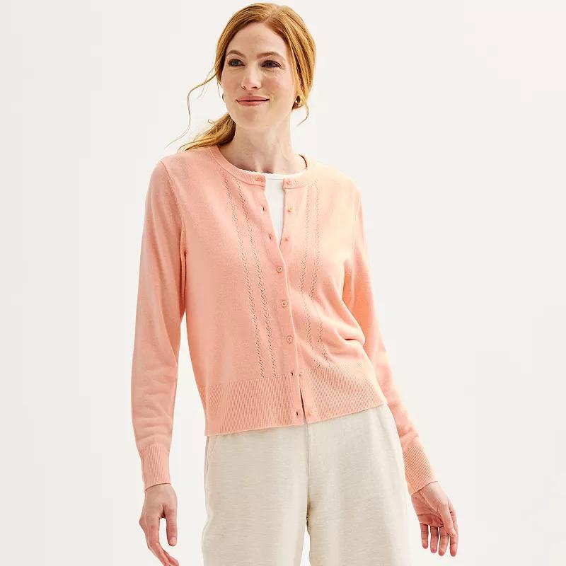 Womens Croft & Barrow Extra Soft Classic Pointelle Cardigan Blissful Pink Product Image