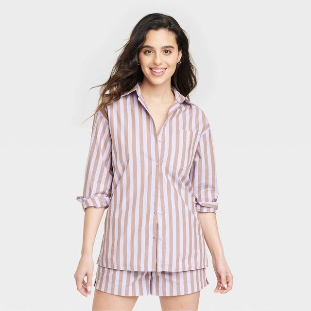 Womens Long Sleeve Button-Down Shirt - A New Day Purple Striped XL Product Image