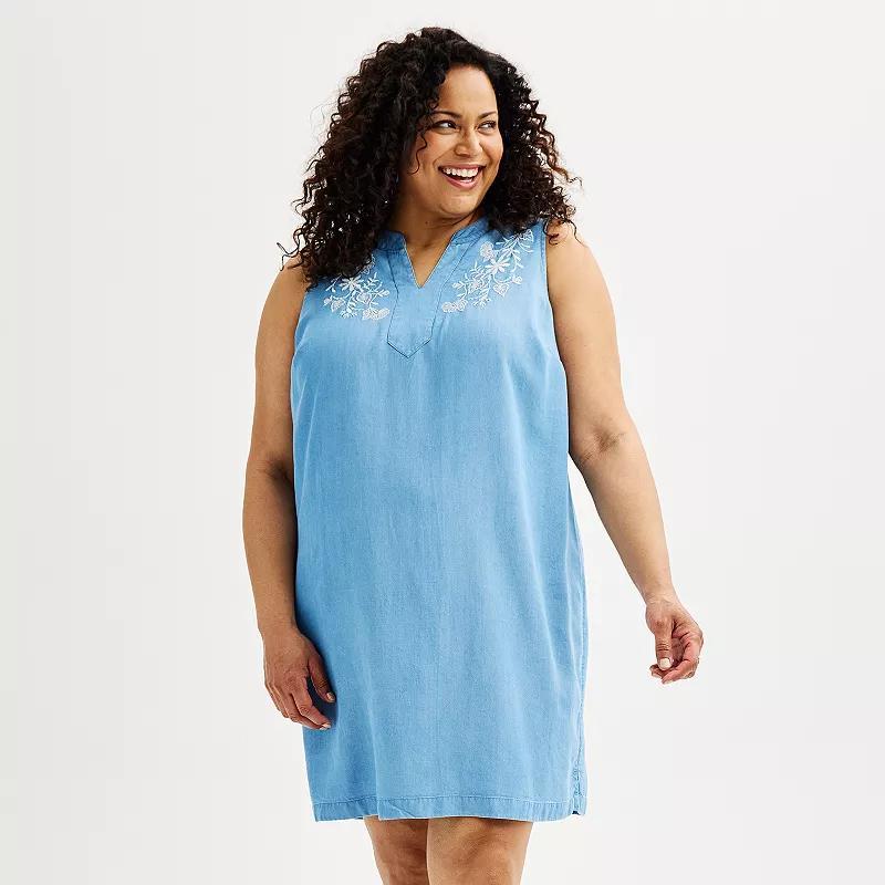 Womens Croft & Barrow Embroidered Split Neck Dress Light Blue Chambray Product Image