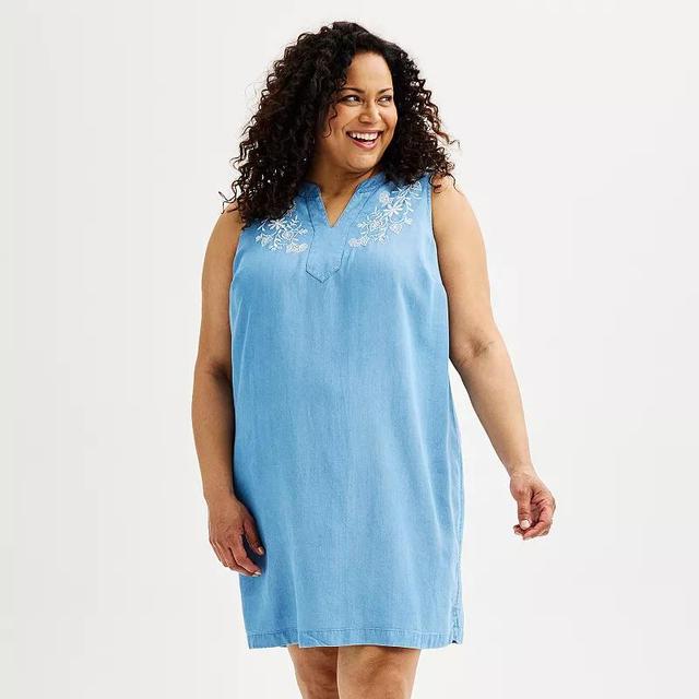 Womens Croft & Barrow Embroidered Split Neck Dress Light Blue Chambray Product Image