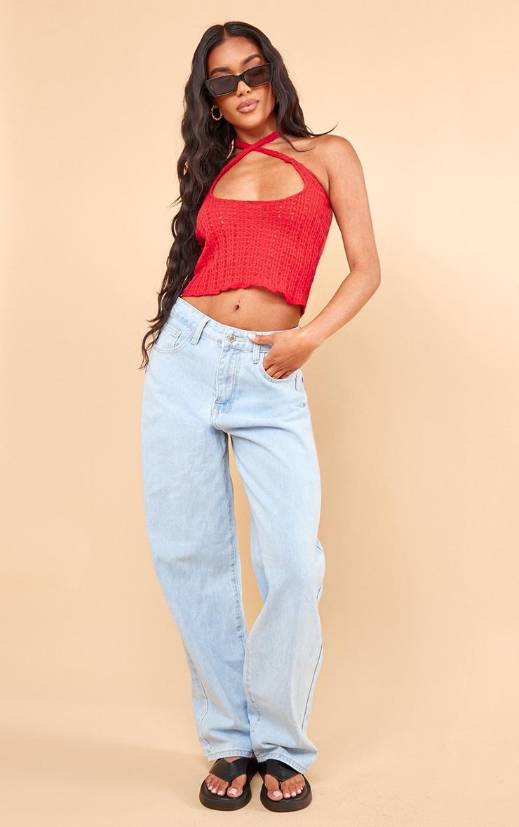 Red Knit Look Cut Out Halter Crop Top Product Image