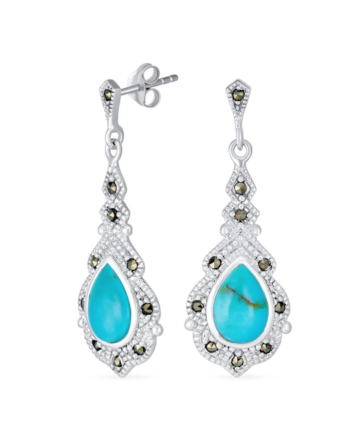 Bling Jewelry Western Style Marcasite Accent Teardrop Stabilized Blue Turquoise Dangle Chandelier Earrings For Women .925 Sterling Silver product image