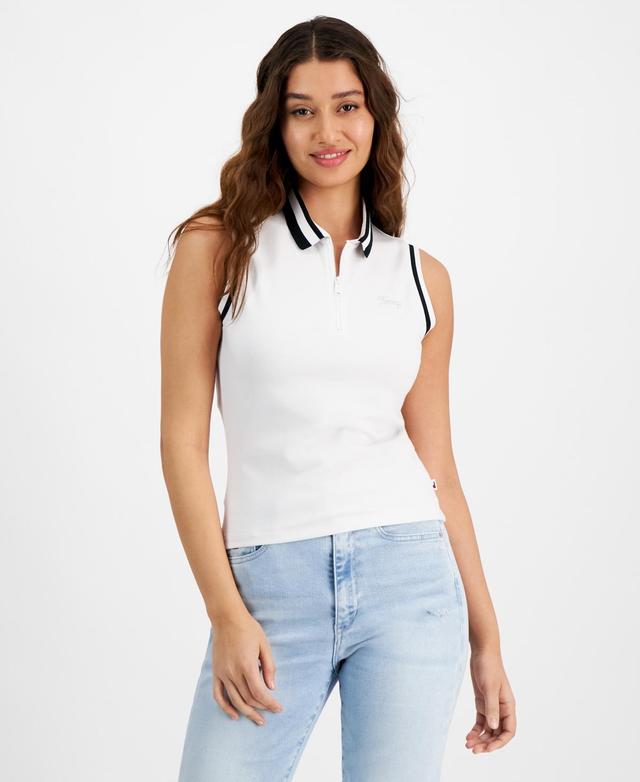 Tommy Jeans Womens Striped-Edge Zippered Polo Top Product Image