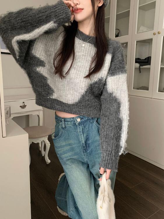 Round Neck Two Tone Crop Sweater Product Image