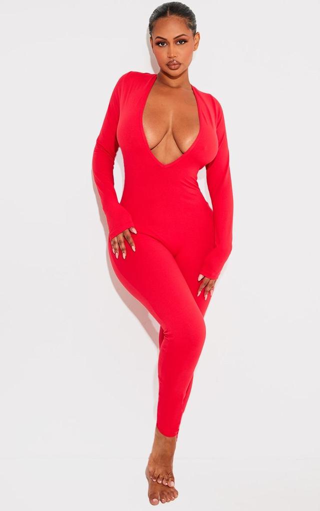 Shape Red Sculpted Long Sleeve Plunge Front Jumpsuit Product Image