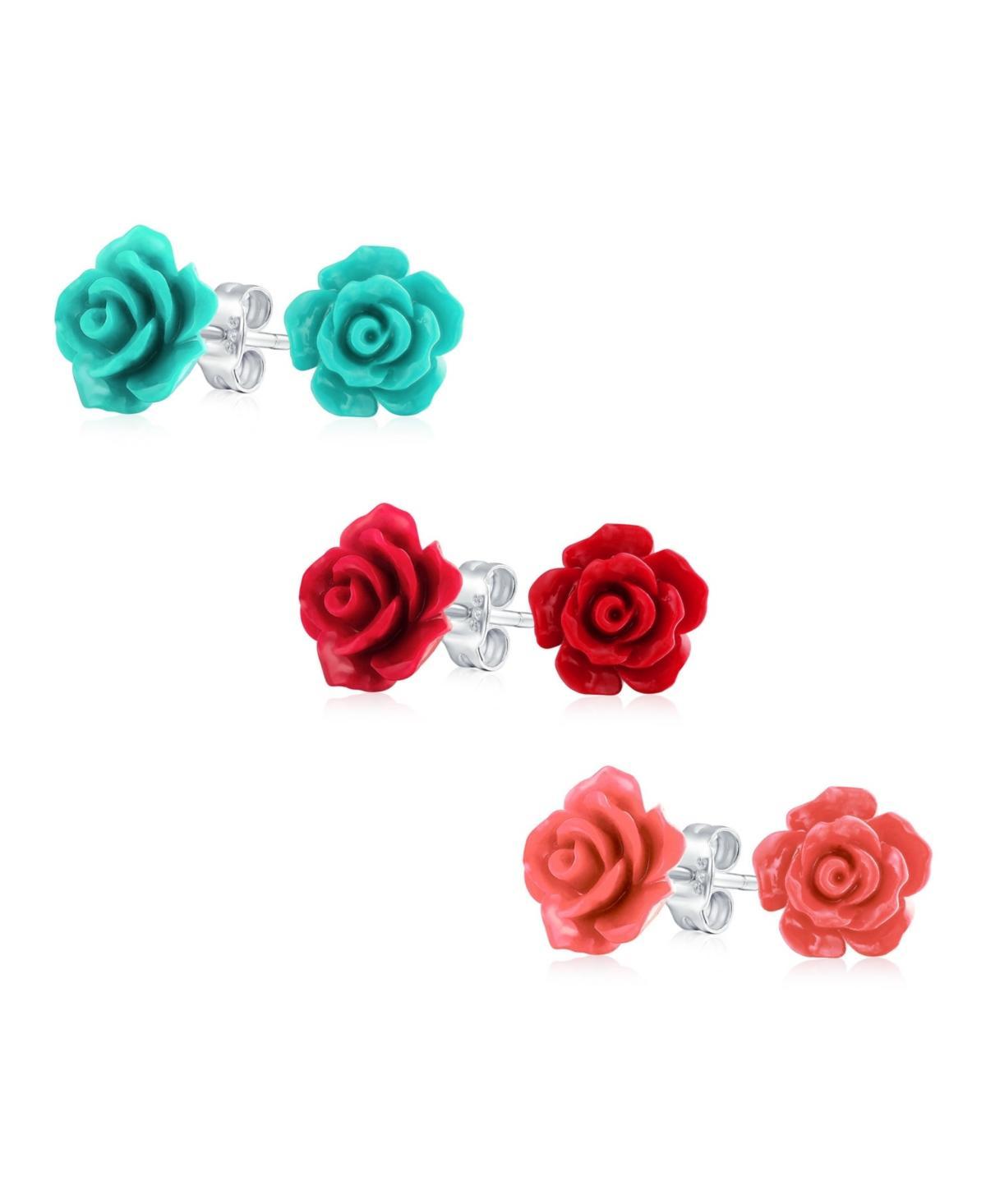 Bling Jewelry Set of 3 Delicate Floral Blooming 3D carved Red Blue Coral Rose Flower Stud Earrings For Women For For Mother Silver Plated Product Image