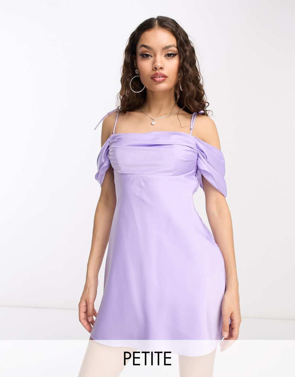 Ever New Petite off shoulder mini dress in lilac satin Product Image