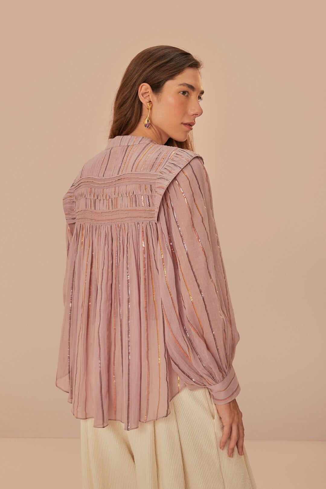 Light Pink Pleated Yoke Long Sleeve Blouse Product Image