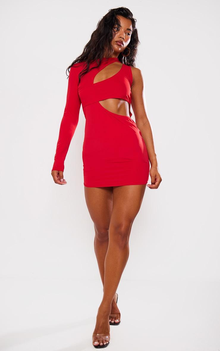 Red Slinky Extreme Cut Out One Sleeve Mini Dress Product Image