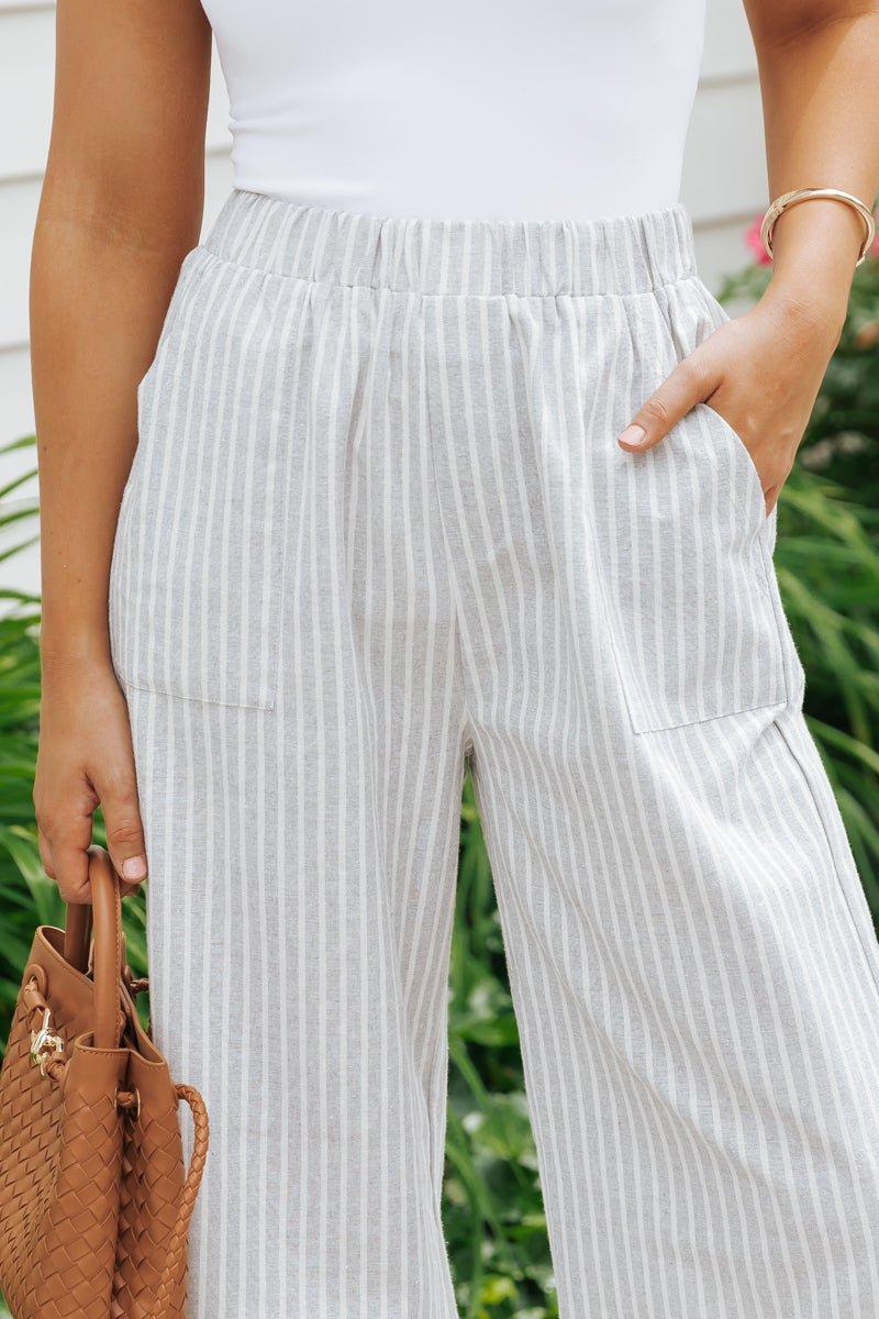 Grey Striped Elastic Waist Slit Linen Pants - FINAL SALE Product Image