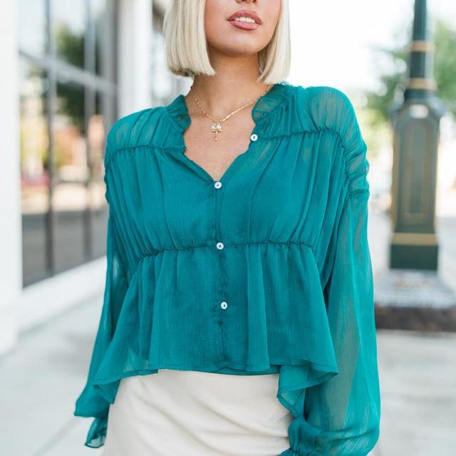 Breathe Deeper Jade Sheer Ruched Blouse Product Image