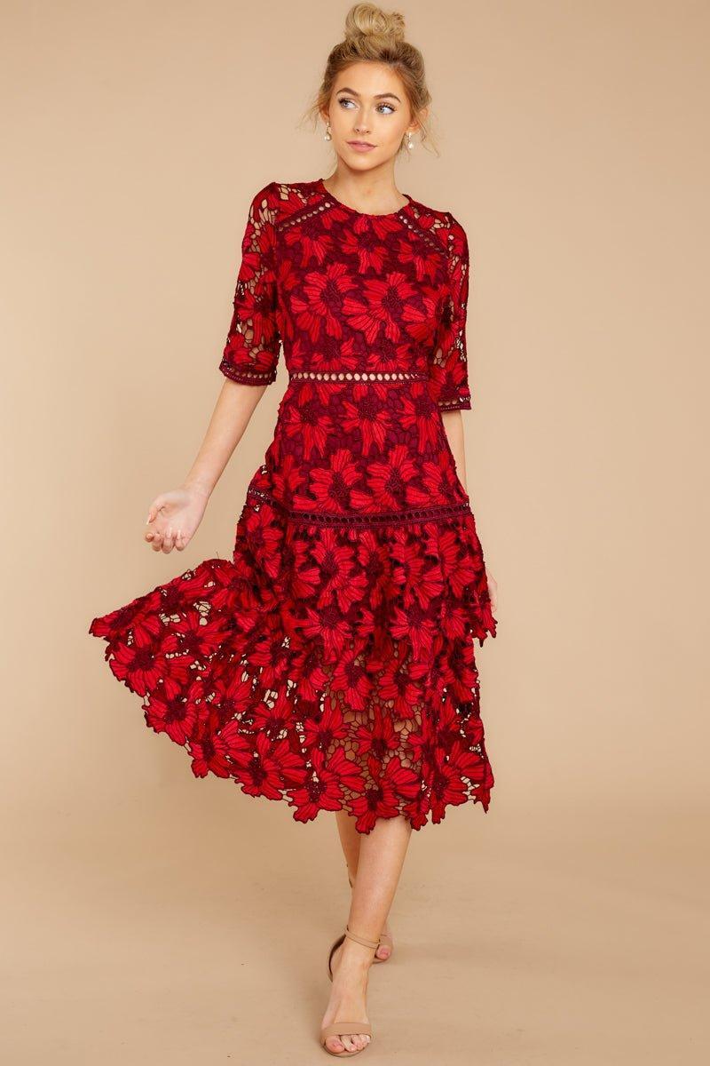 Get To The Point Red Lace Midi Dress Product Image