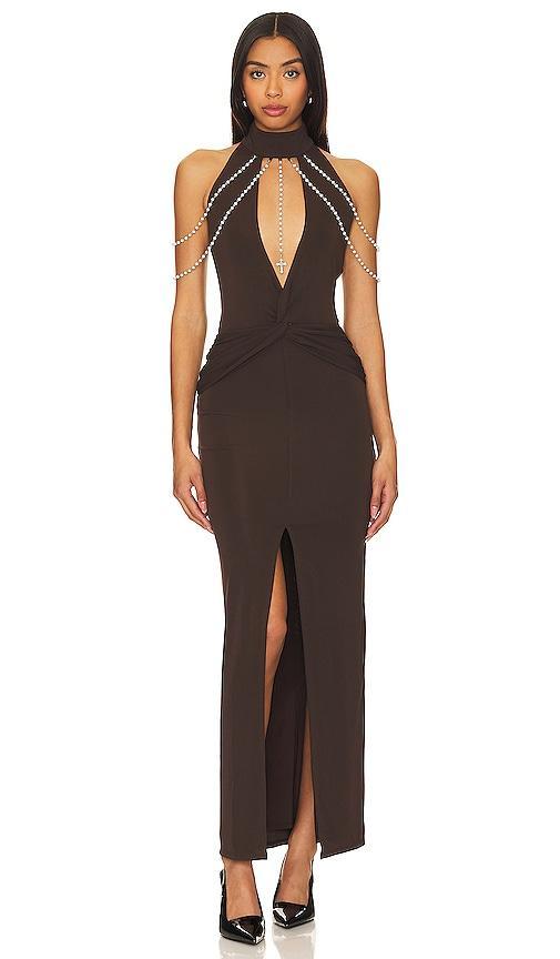 LOBA Debora Pearl Maxi Dress in Chocolate. Product Image