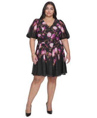 Plus Size V-Neck Short-Balloon-Sleeve Tie-Waist Dress Product Image