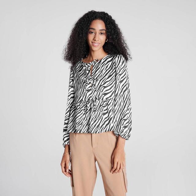 Womens Ballon Long Sleeve Tie Front Blouse - A New Day Black Zebra Print L Product Image