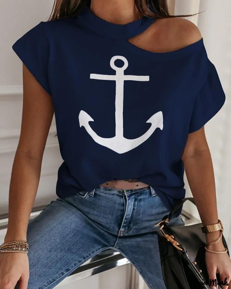 Olivia Mark – Cold Shoulder Casual T-Shirt with Boat Anchor Print Product Image