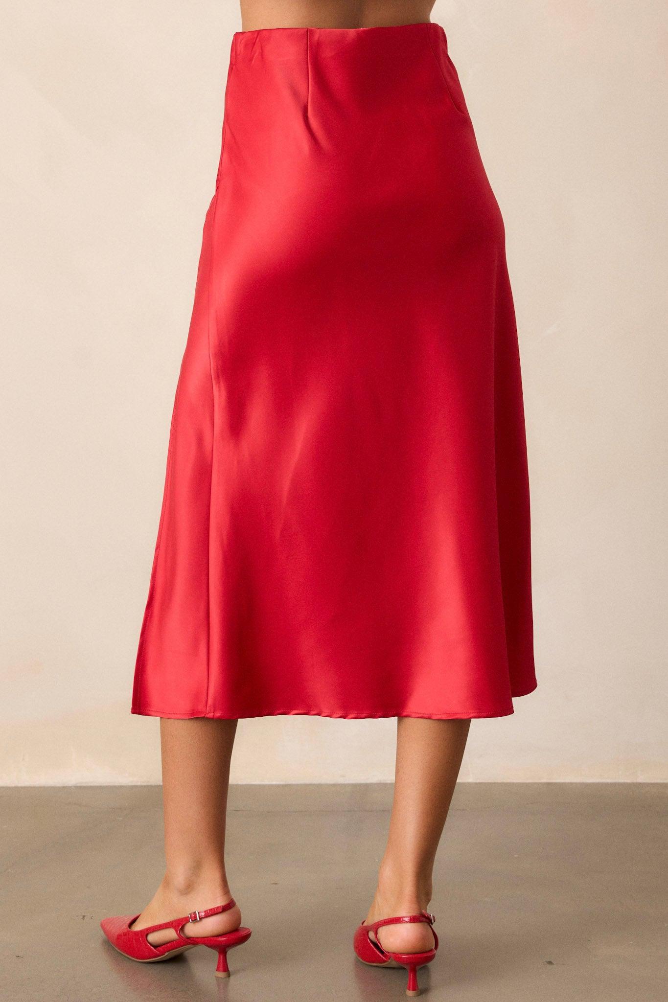 Park Avenue Glam Red Satin Midi Skirt Product Image