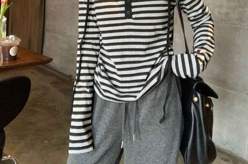 Hooded Drawstring Long-Sleeve Striped Crop T-Shirt Product Image