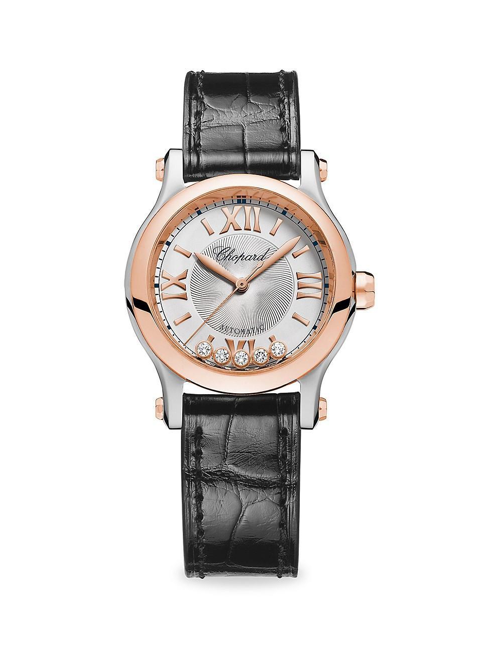 Womens Happy Sport 18K Rose Gold, Stainless Steel, Diamond & Alligator Strap Watch Product Image