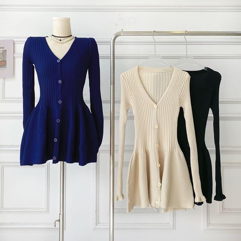 Long-Sleeve V-Neck Plain Button-Up Mini A-Line Knit Dress Product Image