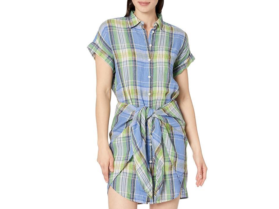 LAUREN Ralph Lauren Plaid Tie Front Linen Shirtdress (Blue Multi) Women's Clothing Product Image