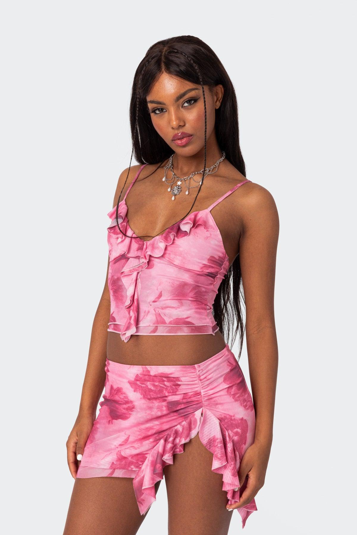 Wanda Printed Mesh Ruffled Tank Top Product Image