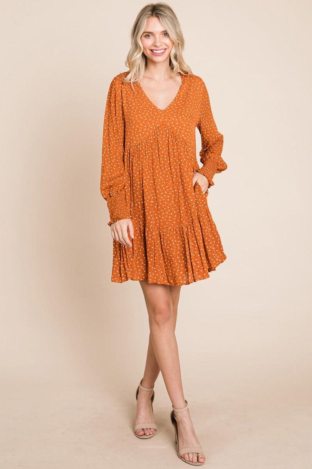 V Neck Floral Printed Long Sleeve Pleated Dress Product Image