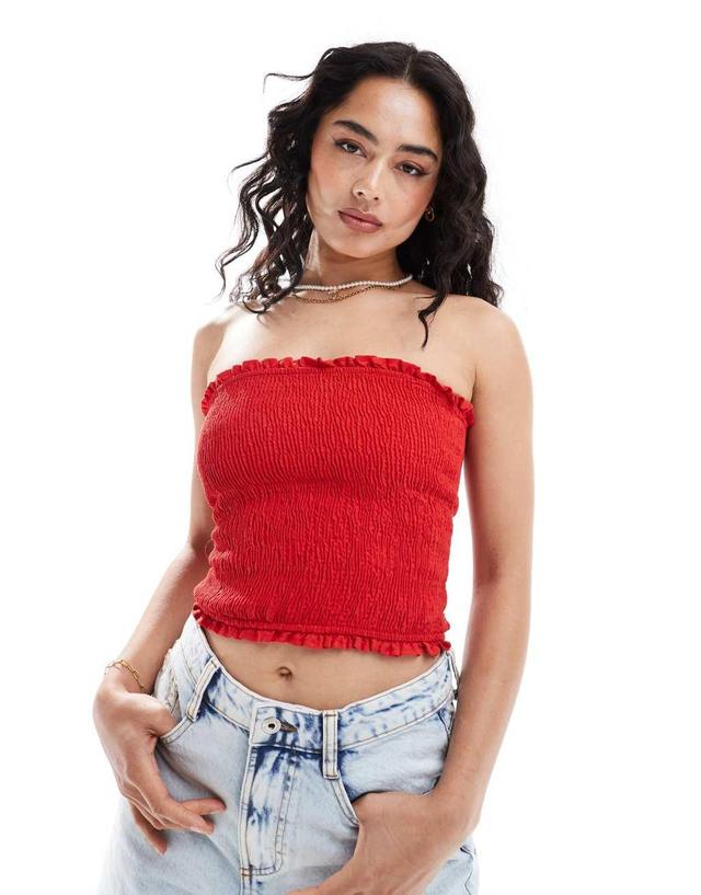 Bershka shirred bandeau top in red Product Image