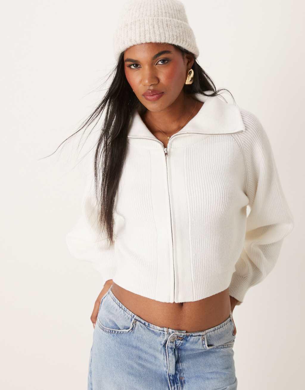 Miss Selfridge zip through collar detail cardigan in cream Product Image