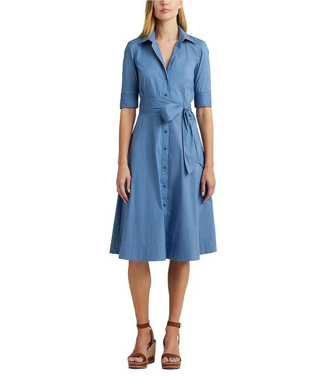 Lauren Ralph Lauren Belted Cotton-Blend Point Collar Short Sleeve Button Front Fit and Flare Midi Shirt Dress Product Image