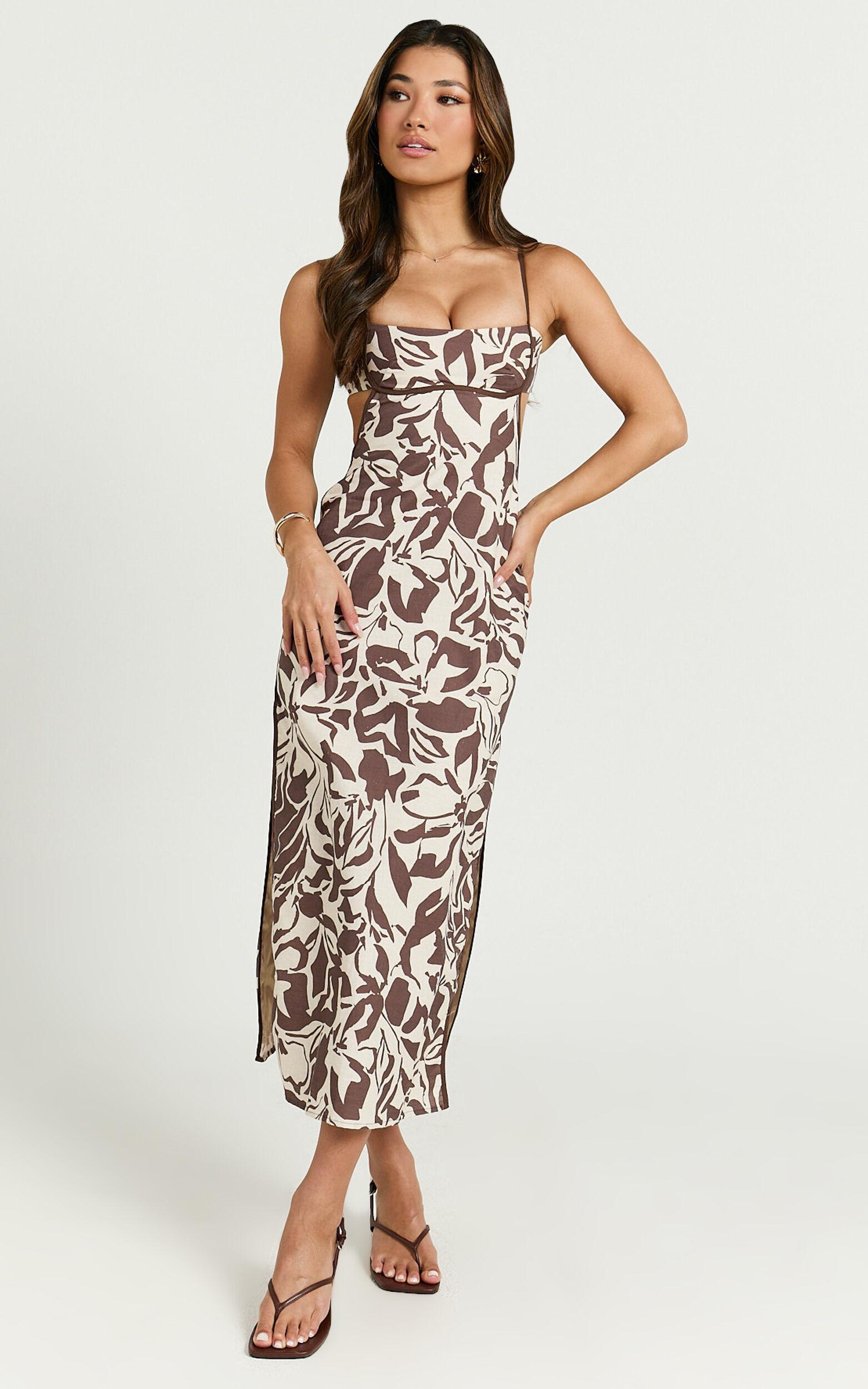 Gibson Midi Dress - Linen Look Scoop Neck Back Tie Dress in Tonal Stencil Floral Product Image